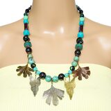 Signed Gicker 1989 Artisan Turquoise Mixed Metal Leaf Art Glass Statement Necklace Studio Craft – Studio made / small batch item  - Estate find