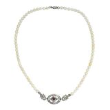 Artisan Freshwater Pearl Necklace W Sterling Silver And Purple Cabochon Centerpiece 18” – Estate Find