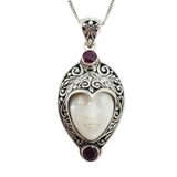 White Coral Carved Goddess Face And Ruby Pendant Necklace In Sterling Silver – Studio made / small batch item  - Estate find