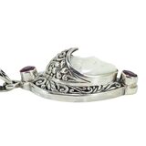 White Coral Carved Goddess Face And Ruby Pendant Necklace In Sterling Silver – Studio made / small batch item  - Estate find