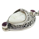 White Coral Carved Goddess Face And Ruby Pendant Necklace In Sterling Silver – Studio made / small batch item  - Estate find