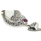 White Coral Carved Goddess Face And Ruby Pendant Necklace In Sterling Silver – Studio made / small batch item  - Estate find