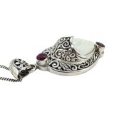 White Coral Carved Goddess Face And Ruby Pendant Necklace In Sterling Silver – Studio made / small batch item  - Estate find