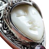 White Coral Carved Goddess Face And Ruby Pendant Necklace In Sterling Silver – Studio made / small batch item  - Estate find