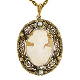 Vintage 1930s Victorian Revival Carved Shell Cameo Pendant Necklace, Die-Stamped Brass Filigree – Estate Find