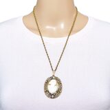 Vintage 1930s Victorian Revival Carved Shell Cameo Pendant Necklace, Die-Stamped Brass Filigree – Estate Find