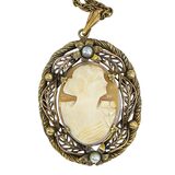 Vintage 1930s Victorian Revival Carved Shell Cameo Pendant Necklace, Die-Stamped Brass Filigree – Estate Find
