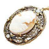 Vintage 1930s Victorian Revival Carved Shell Cameo Pendant Necklace, Die-Stamped Brass Filigree – Estate Find