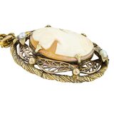 Vintage 1930s Victorian Revival Carved Shell Cameo Pendant Necklace, Die-Stamped Brass Filigree – Estate Find