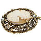 Vintage 1930s Victorian Revival Carved Shell Cameo Pendant Necklace, Die-Stamped Brass Filigree – Estate Find
