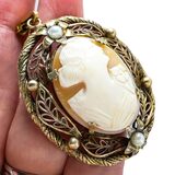 Vintage 1930s Victorian Revival Carved Shell Cameo Pendant Necklace, Die-Stamped Brass Filigree – Estate Find