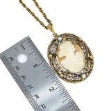 Vintage 1930s Victorian Revival Carved Shell Cameo Pendant Necklace, Die-Stamped Brass Filigree – Estate Find