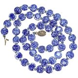 Vintage Coin Shape Bead Necklace Chinese White Blue Porcelain Longevity Shou Sign Motif 25” – Collectible vintage item