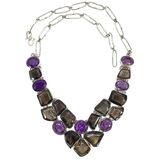 Sterling Silver Smoky Quartz Amethyst Statement Necklace - Artisan Gemstone Bib - Jaipur Style – Studio made / small batch item  - Estate find
