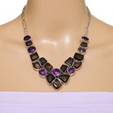 Sterling Silver Smoky Quartz Amethyst Statement Necklace - Artisan Gemstone Bib - Jaipur Style – Studio made / small batch item  - Estate find