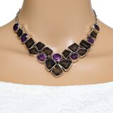 Sterling Silver Smoky Quartz Amethyst Statement Necklace - Artisan Gemstone Bib - Jaipur Style – Studio made / small batch item  - Estate find