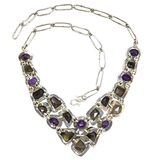 Sterling Silver Smoky Quartz Amethyst Statement Necklace - Artisan Gemstone Bib - Jaipur Style – Studio made / small batch item  - Estate find