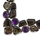 Sterling Silver Smoky Quartz Amethyst Statement Necklace - Artisan Gemstone Bib - Jaipur Style – Studio made / small batch item  - Estate find