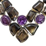 Sterling Silver Smoky Quartz Amethyst Statement Necklace - Artisan Gemstone Bib - Jaipur Style – Studio made / small batch item  - Estate find
