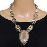 Sterling Silver Multi Gemstone Statement Necklace Mystic Druzy Rutilated Quartz Citrine 18” – Studio made / small batch item  - Estate find