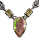 Sterling Silver Multi Gemstone Statement Necklace Mystic Druzy Rutilated Quartz Citrine 18” – Studio made / small batch item  - Estate find