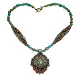 Natural Turquoise Beaded Necklace With Nepal Made Brass Pendant Ornate Metalwork – OOAK - Unique one of a kind item handmade by A World Of Things made using recycled materials 