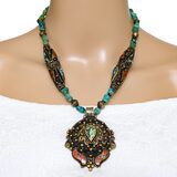 Natural Turquoise Beaded Necklace With Nepal Made Brass Pendant Ornate Metalwork – OOAK - Unique one of a kind item handmade by A World Of Things made using recycled materials 