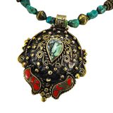 Natural Turquoise Beaded Necklace With Nepal Made Brass Pendant Ornate Metalwork – OOAK - Unique one of a kind item handmade by A World Of Things made using recycled materials 
