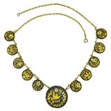 Vintage Mid Century Japanese Style Damascene Coin Charm Necklace Black Gold 18” – Vintage item