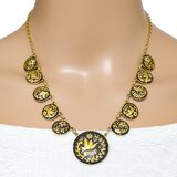 Vintage Mid Century Japanese Style Damascene Coin Charm Necklace Black Gold 18” – Vintage item