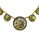 Vintage Mid Century Japanese Style Damascene Coin Charm Necklace Black Gold 18” – Vintage item