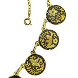 Vintage Mid Century Japanese Style Damascene Coin Charm Necklace Black Gold 18” – Vintage item