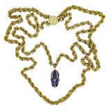 1950s Renaissance Revival Heavy Gold Tone Rope Chain Necklace Cobalt Blue Pendant – Collectible vintage item