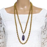 1950s Renaissance Revival Heavy Gold Tone Rope Chain Necklace Cobalt Blue Pendant – Collectible vintage item