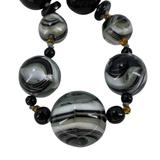 Vintage MCM Czech Pressed Glass Black Gray White Swirl Statement Beaded Necklace - Restrung – Rare collectible vintage item 