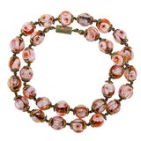 Murano Amber Glass Bead Necklace W White Floral Murrines Cane Flowers 17” – Collectible vintage item