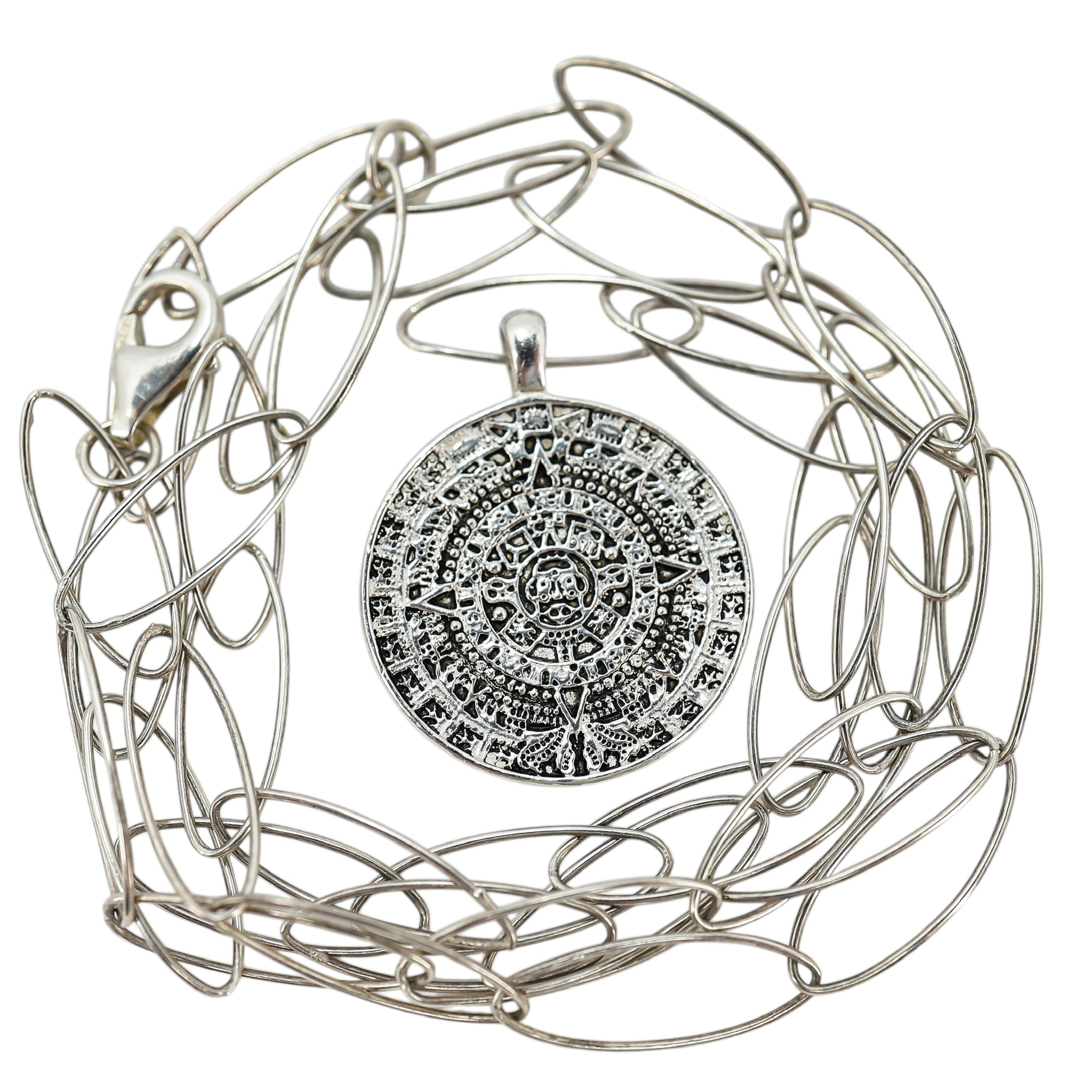 Vintage Handcrafted Sterling Aztec Calendar Pendant Necklace On Paperclip Chain