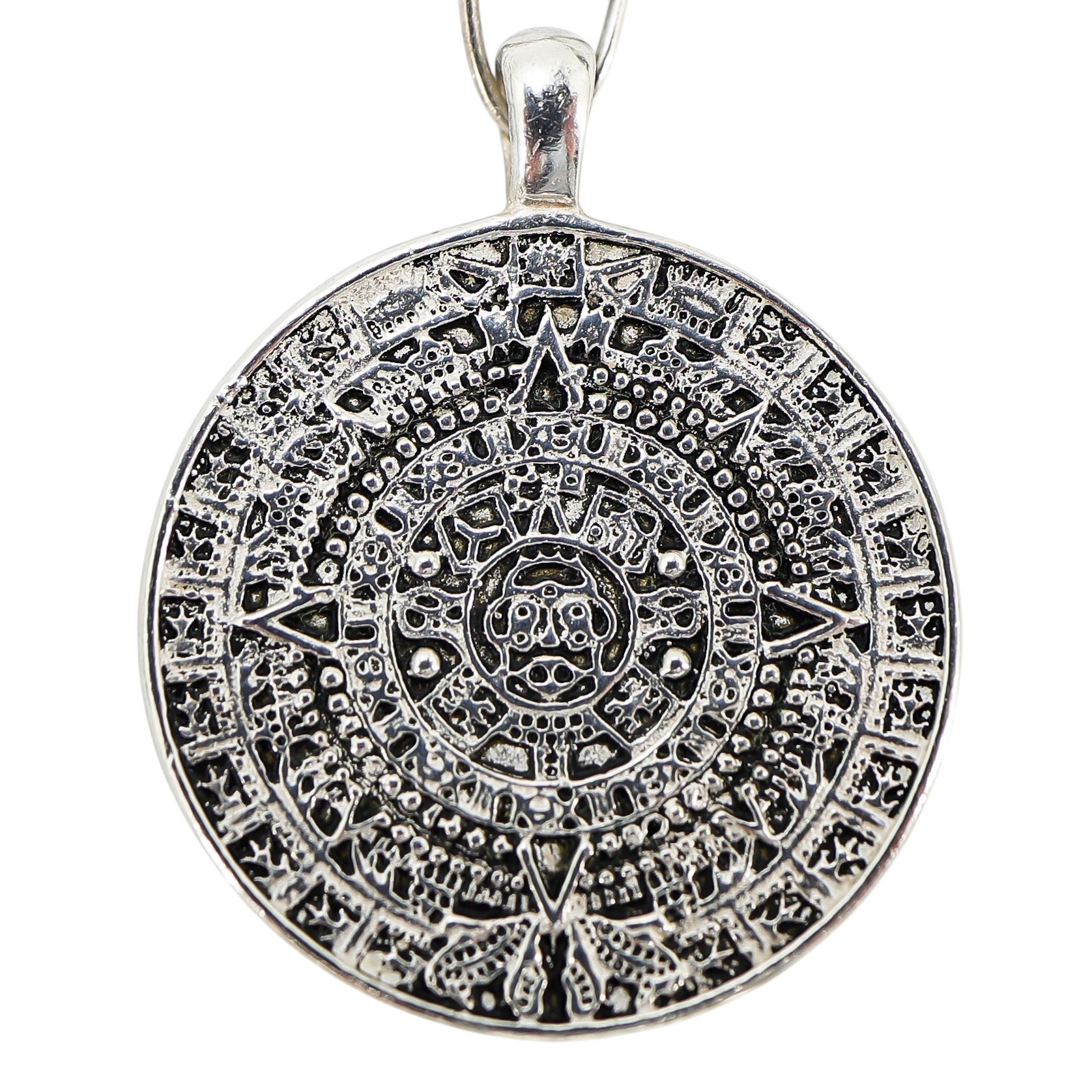 Vintage Handcrafted Sterling Aztec Calendar Pendant Necklace On Paperclip Chain image 2
