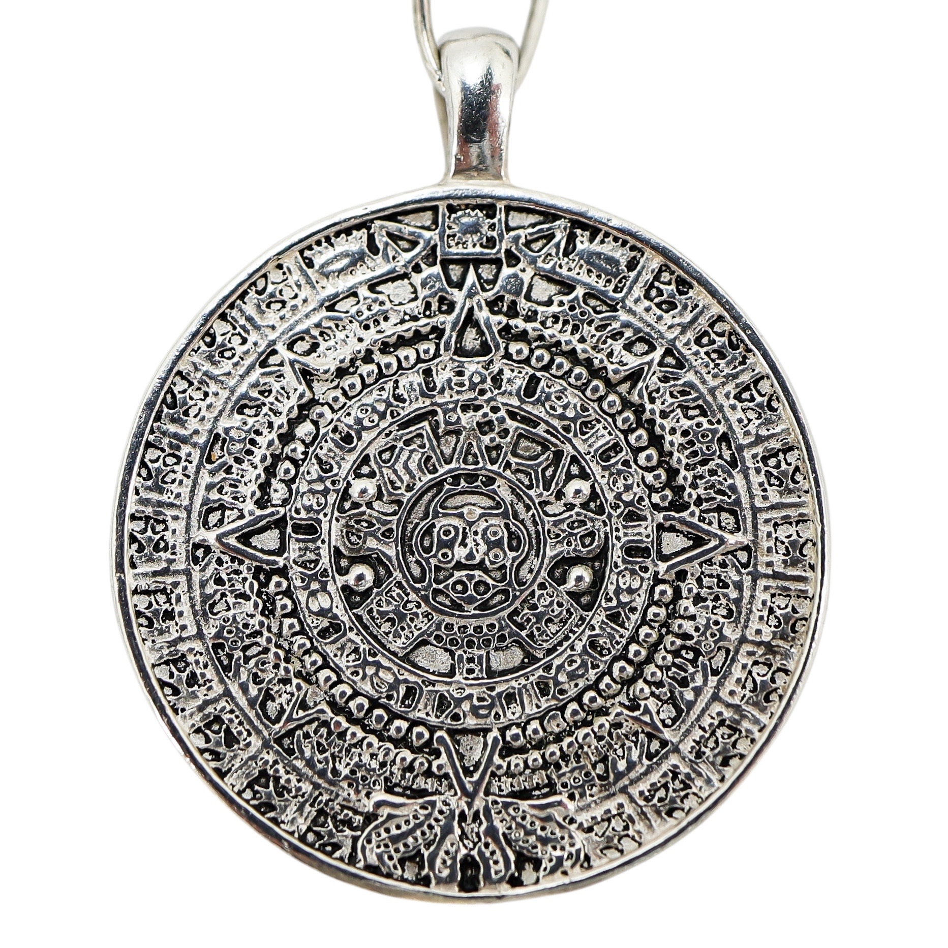 Vintage Handcrafted Sterling Aztec Calendar Pendant Necklace On Paperclip Chain image 3