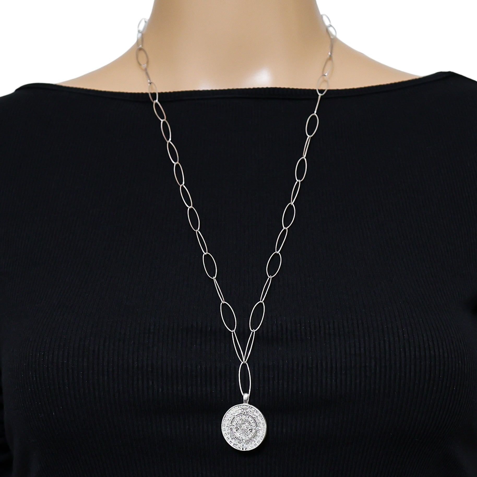 Vintage Handcrafted Sterling Aztec Calendar Pendant Necklace On Paperclip Chain image 4