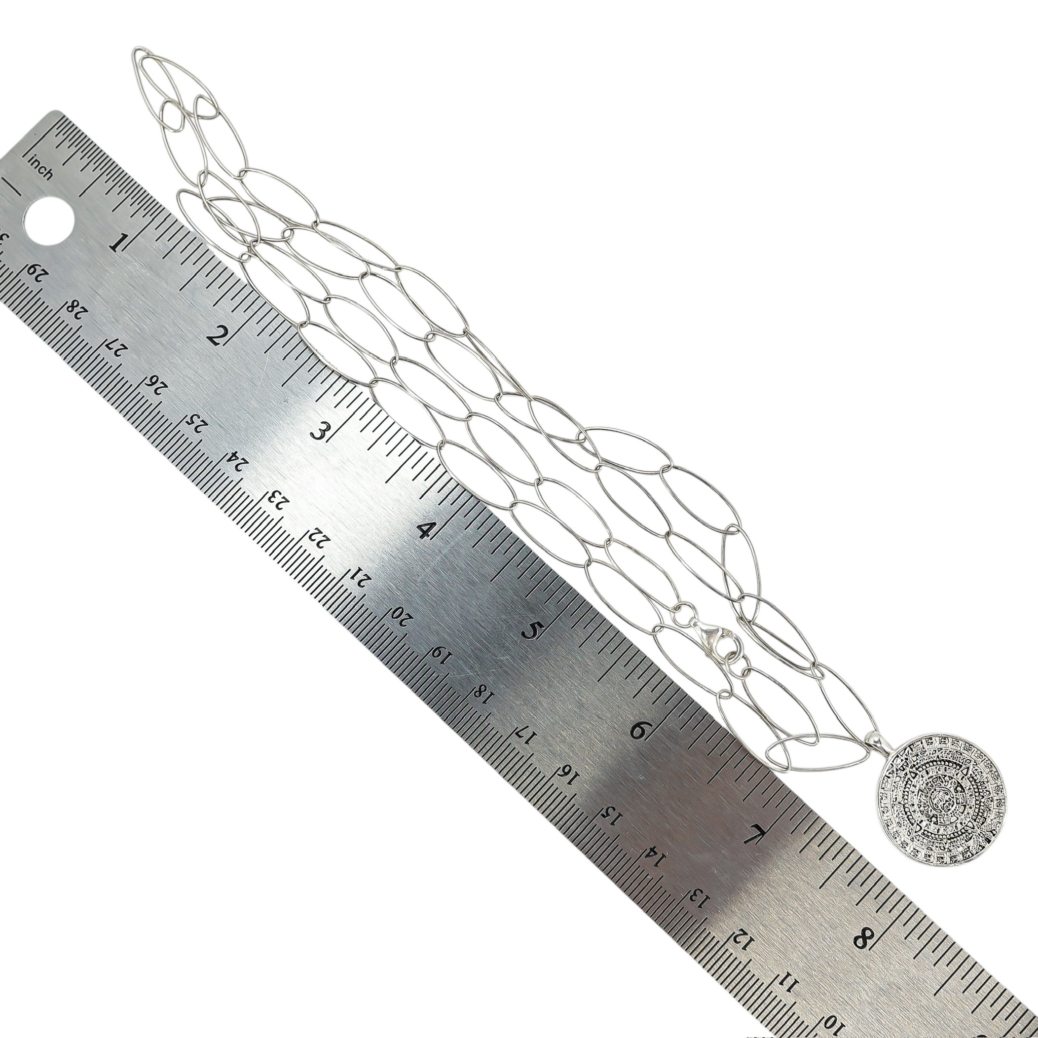 Vintage Handcrafted Sterling Aztec Calendar Pendant Necklace On Paperclip Chain image 5