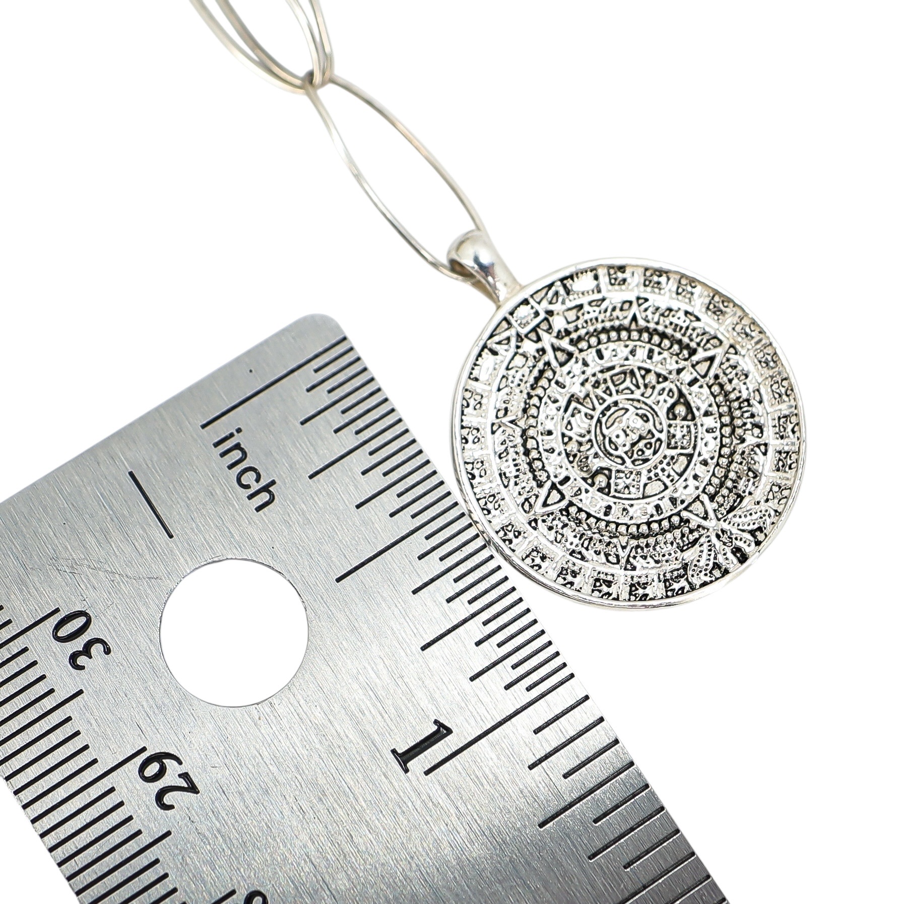 Vintage Handcrafted Sterling Aztec Calendar Pendant Necklace On Paperclip Chain image 6
