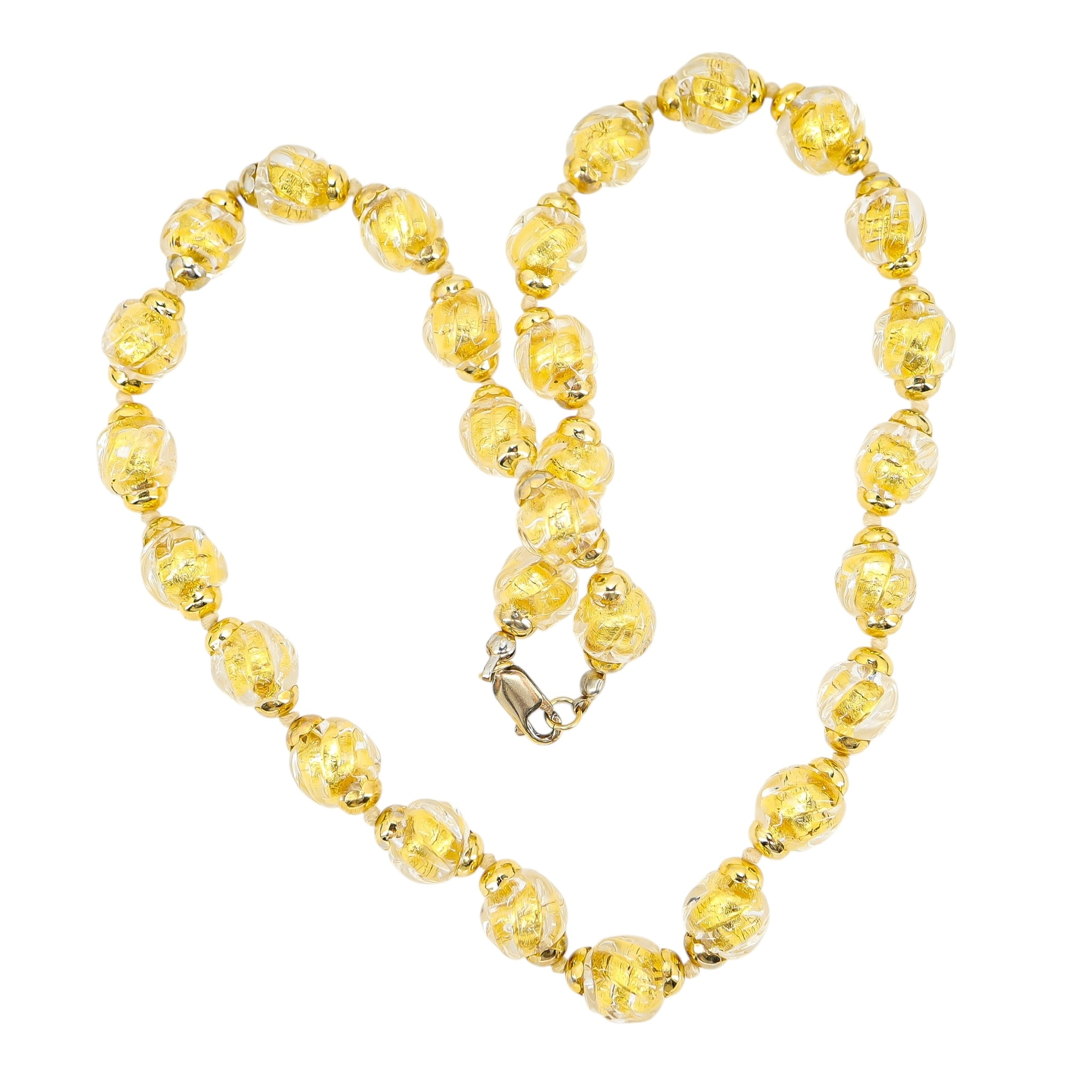 Vintage Murano Gold Foil Beads Sommerso - Ribbed & Twisted Beads Necklace - Gold Filled Clasp/Caps