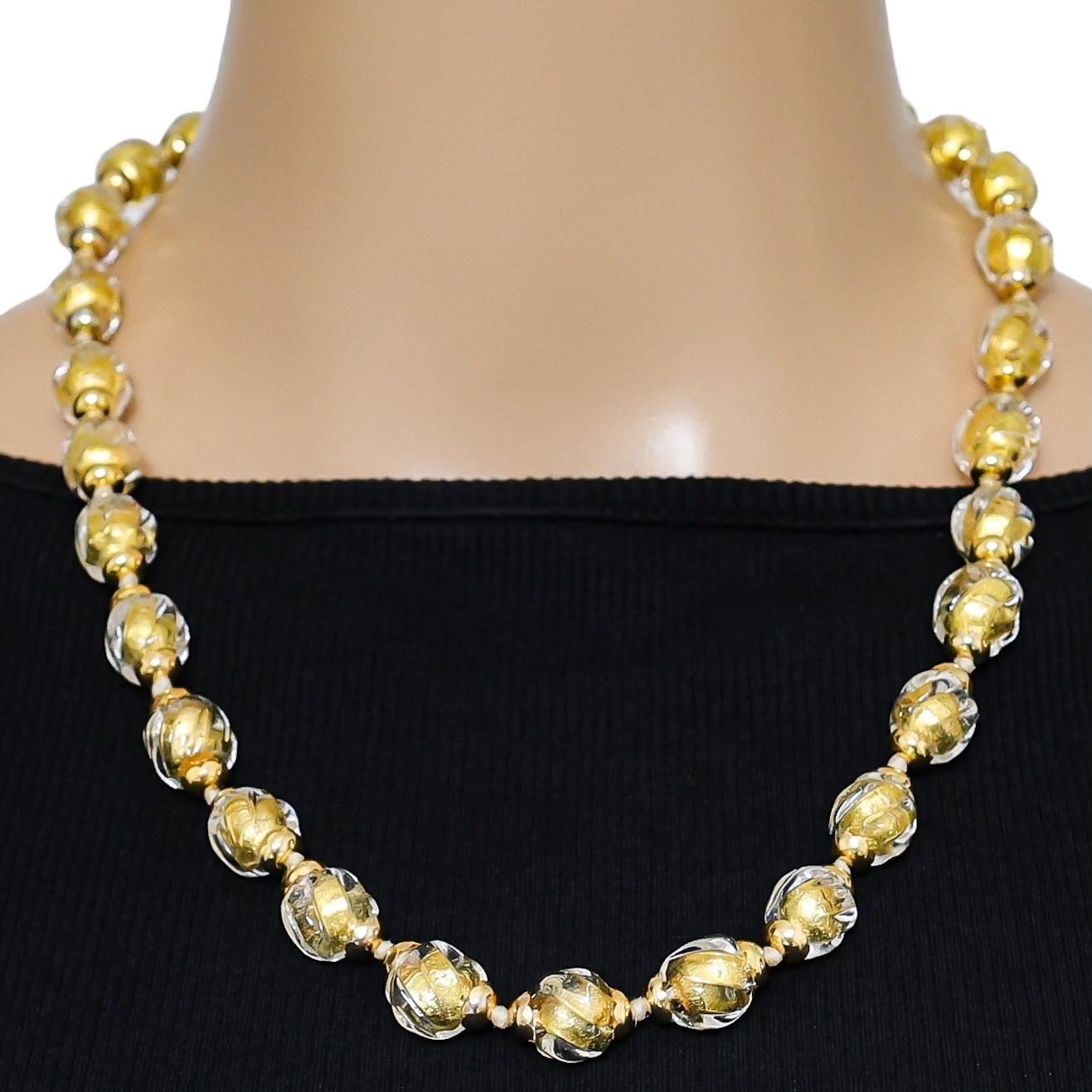 Vintage Murano Gold Foil Beads Sommerso - Ribbed & Twisted Beads Necklace - Gold Filled Clasp/Caps image 3