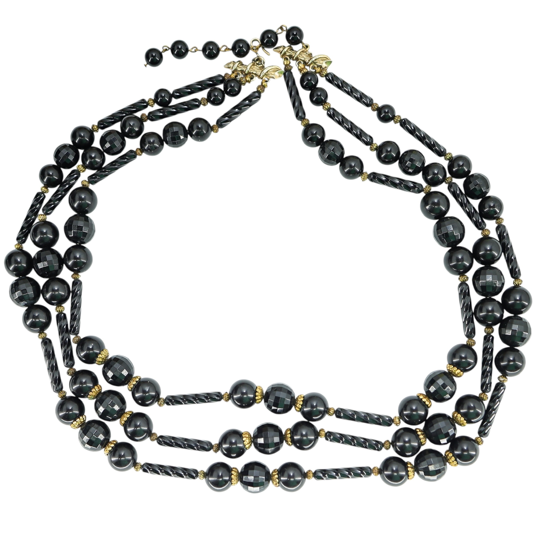 Vintage Cellulose Acetate Black Beaded Necklace - 3 Strands - Ornate - MCM image 1