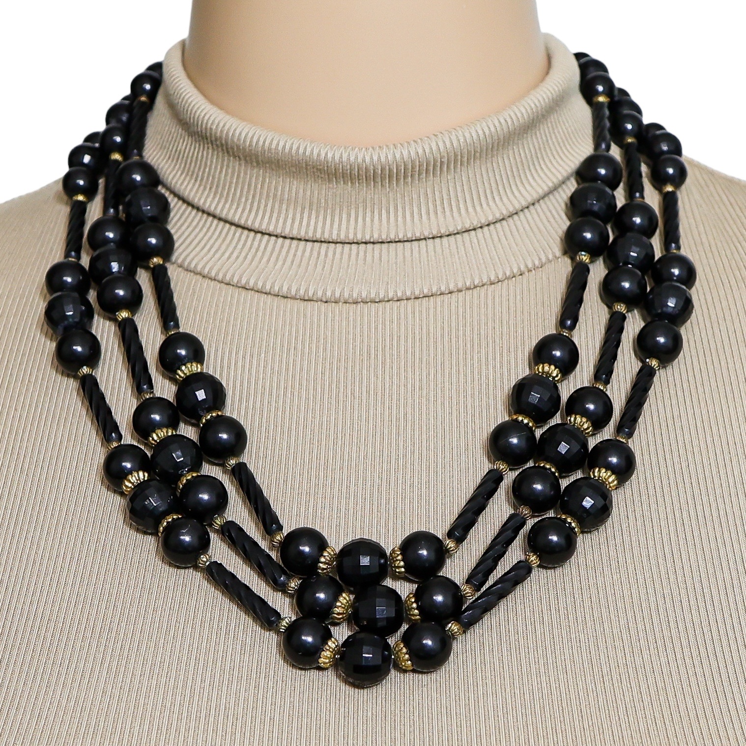 Vintage Cellulose Acetate Black Beaded Necklace - 3 Strands - Ornate - MCM image 2