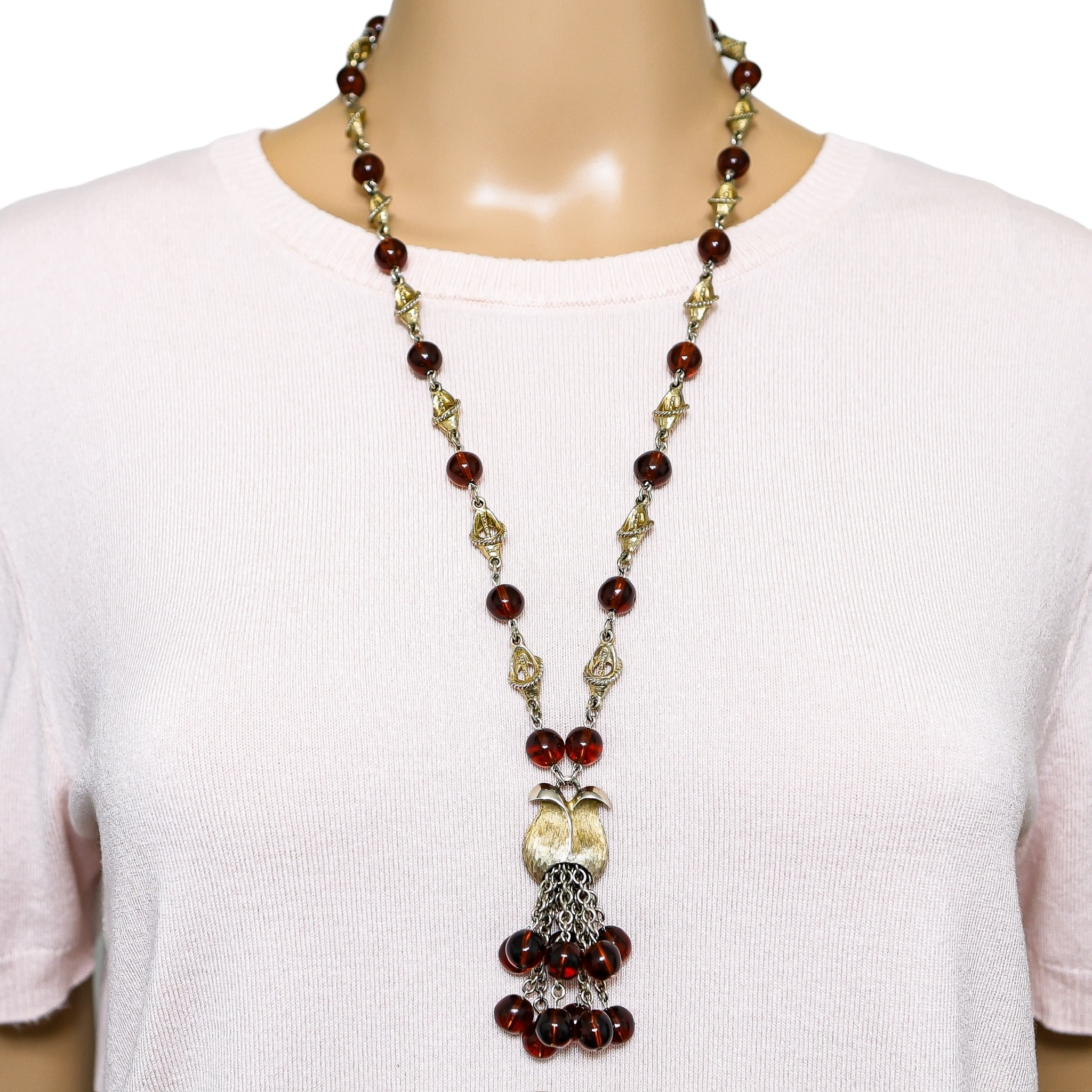 Reworked Mid Century Statement Necklace – Sculptural Floral Links & Amber Glass Tulip Tassel Pendant