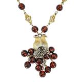 Reworked Mid Century Statement Necklace – Sculptural Floral Links & Amber Glass Tulip Tassel Pendant – Rare Vintage Item