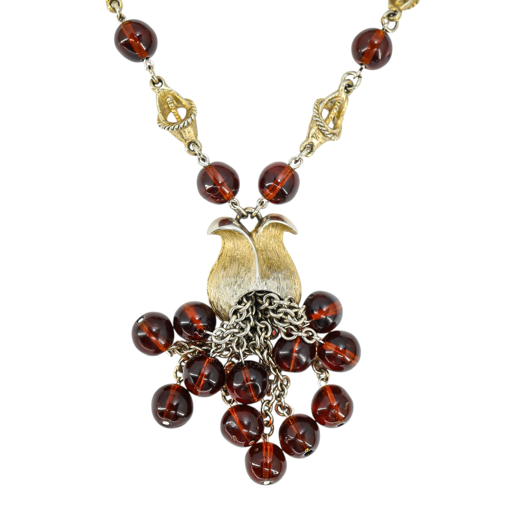 Reworked Mid Century Statement Necklace – Sculptural Floral Links & Amber Glass Tulip Tassel Pendant image 2