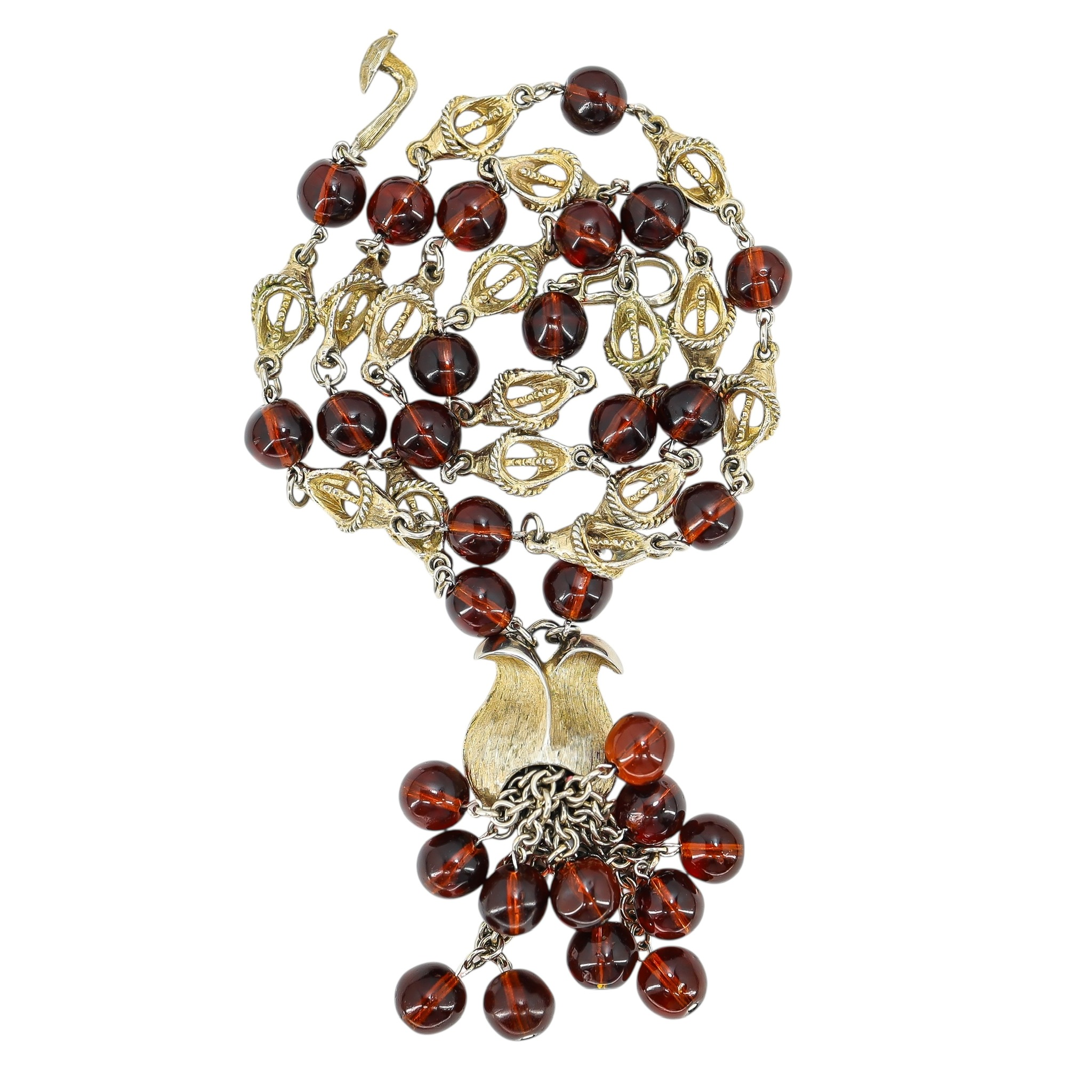 Reworked Mid Century Statement Necklace – Sculptural Floral Links & Amber Glass Tulip Tassel Pendant image 3